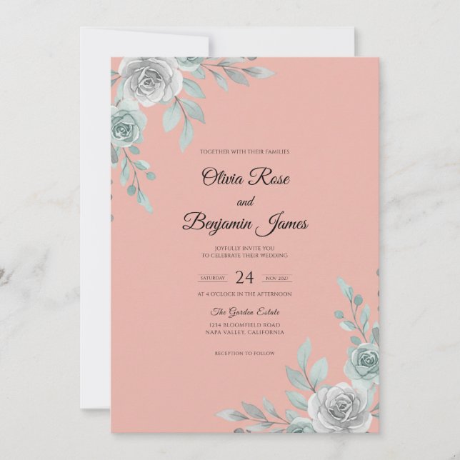 Salmon Silver Leaf Wedding Invitation (Front)