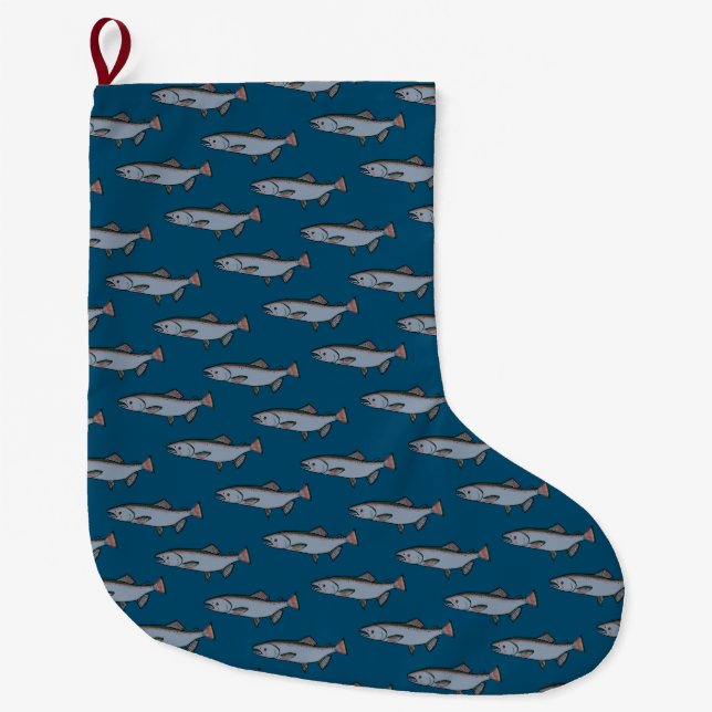 Salmon Swimming Pattern PNW Fishing Fish River  Large Christmas Stocking (Front)