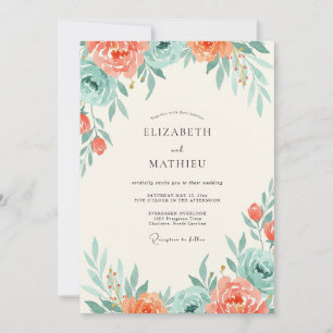 Salmon Teal Ranunculus Eucalyptus Wedding Invitation