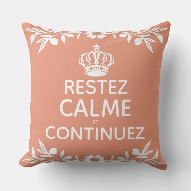 salmon white olive leaf French Keep Calm Carry On Throw Pillow (Front)