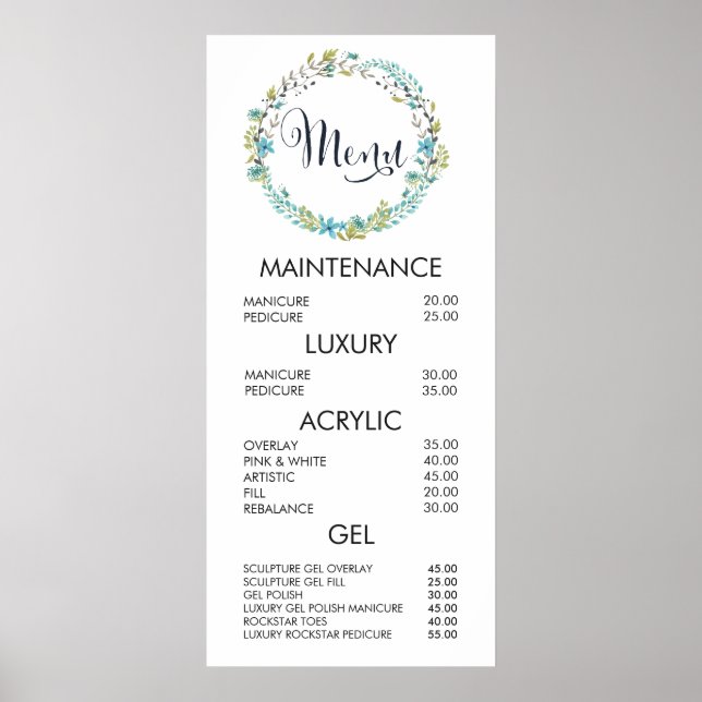 Salon à fleurs Menu Liste des prix Poster mural (Devant)