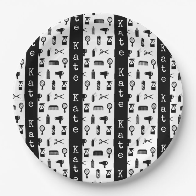 Salon & Barber Hairdresser Pattern CUSTOM NAME Paper Plate (Front)