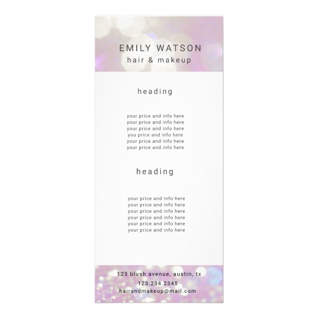 salon bokeh pastel sparkle price list rack card (Front)