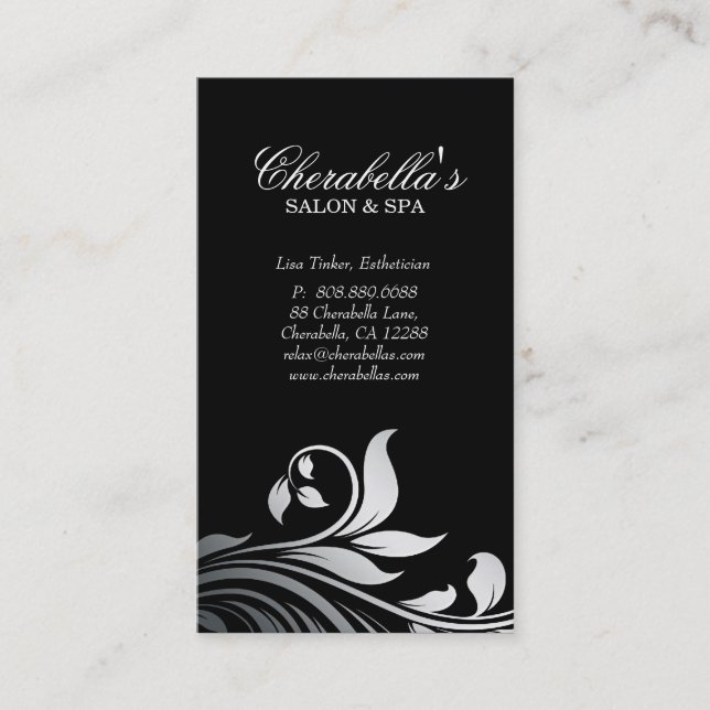 Salon Business Card Elegant Floral Silver Black (Front)