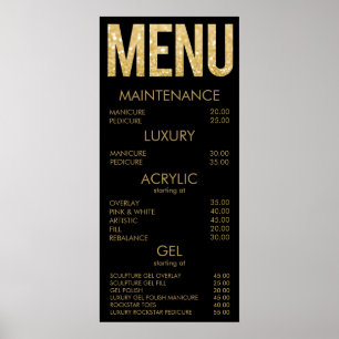 Salon de Parties scintillant Noir & Or Menu Poster