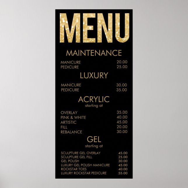 Salon de Parties scintillant Noir & Or Menu Poster (Devant)
