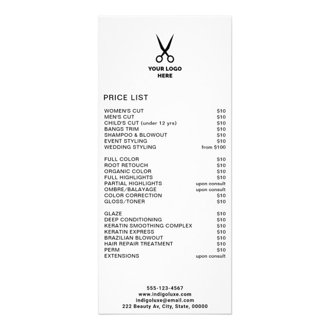 Salon des cheveux Ajouter votre logo Service Menu  (Devant)