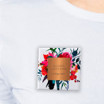 Salon employee copper metallic watercolor bouquet 2 inch square button<br><div class="desc">Luxurious classy and glamourous professional pin button featuring a watercolor red, pink and blush peonies boho bouquet with navy blue and purple feathers for makeup artist | hairstylist | fashion stylist | beauty salon | boutique | sales consultant | interior design studio employee with a shiny beige tan copper metallic...</div>