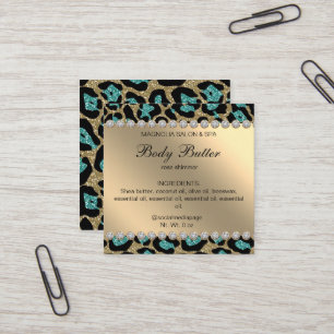 Salon Glitter Leopard Teal Square Business Card