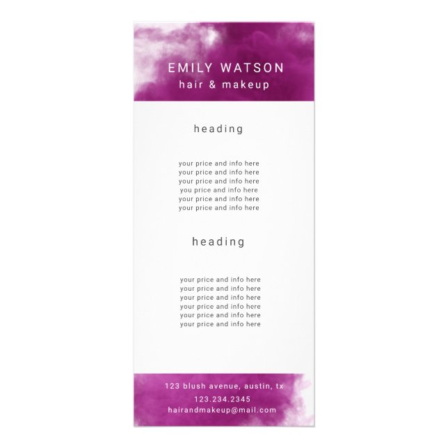 salon hot pink smoke effect price list rack card (Front)