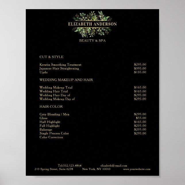 Salon Modern Botanik Black Price List Poster (Front)