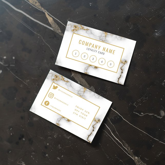 Salon modern gold marble loyalty card. (Elegant white and gold loyalty card with a marble design, featuring a numbered punch card layout)