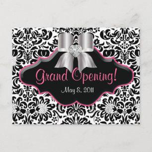 Salon Postcard Damask Black White Pink Jewels Bow