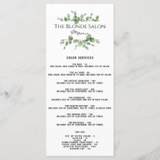 Salon Price List Menu