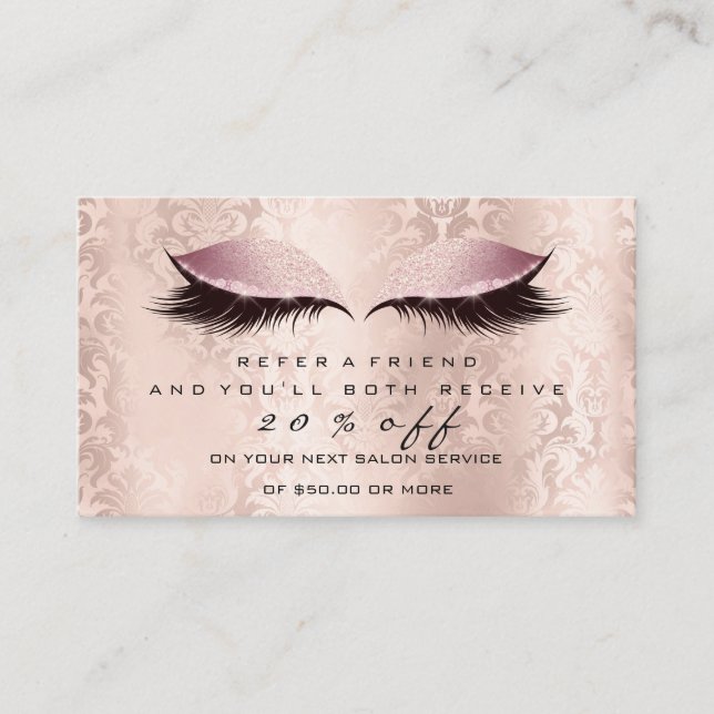 Salon Referral Card Makeup Artist Pink Lash Damask (Front)