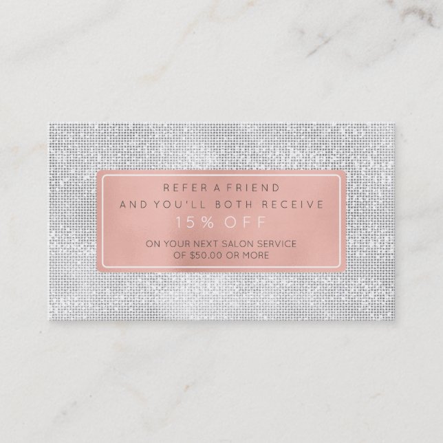 Salon Referral Card Pink Gold Rose White Grey Faux (Front)