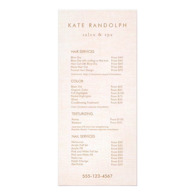 Salon rose clair Spa Liste de prix Menu Service (Devant)
