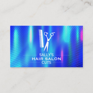Salon Scissors and Comb Logo   Blue Metallic Business Card