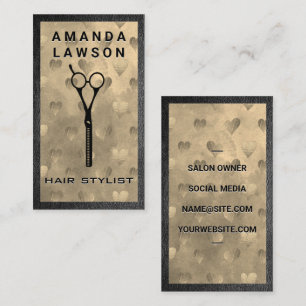 Salon Scissors Gold Heart Pattern Leather Trim Business Card