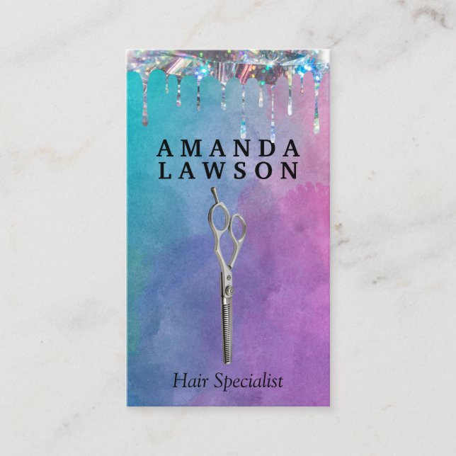 Salon Scissors | Watercolor | Shimmer Drip Business Card (Front)