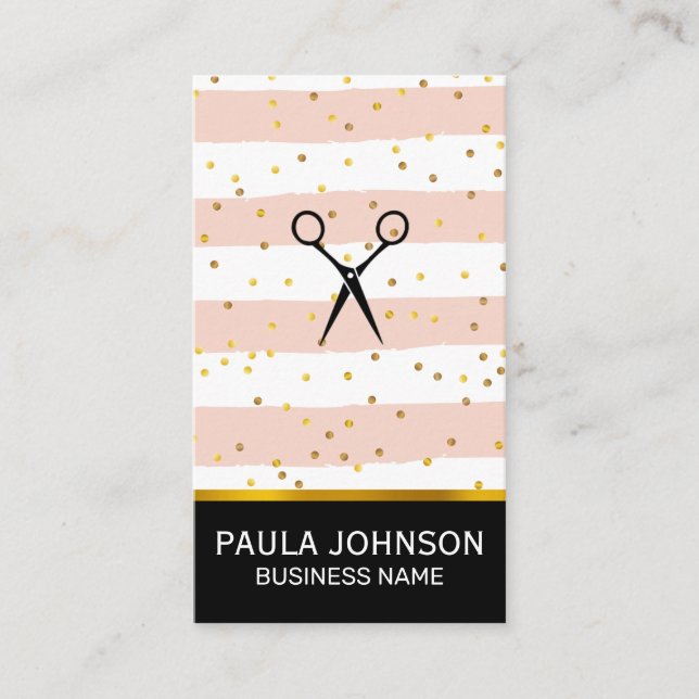Salon Shears | Gold Confetti Vintage Stripes Business Card (Front)