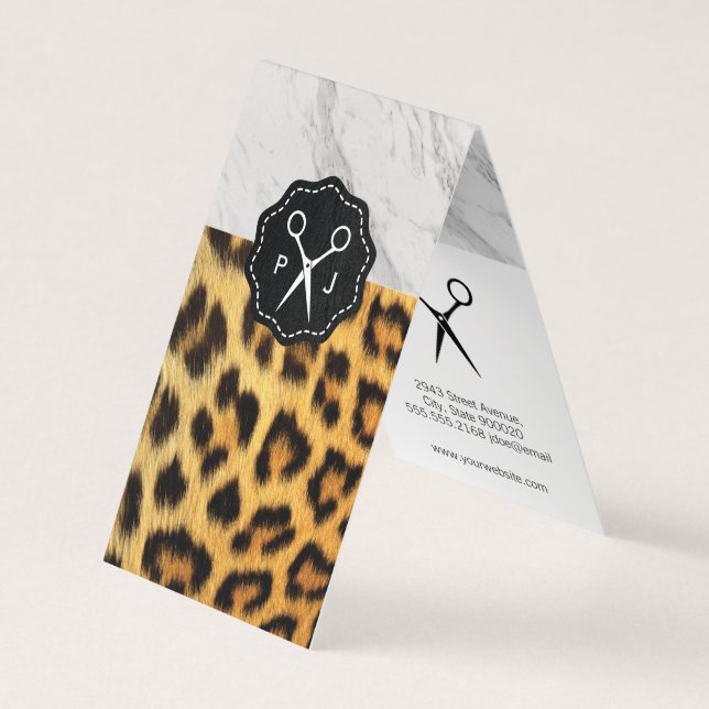 Salon Shears Monogram Marble Trim Cheetah Business Card (Front)