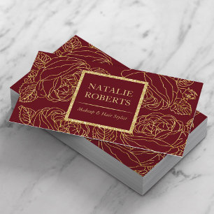 Salon & Spa Burgundy Red & Gold Floral Pattern Business Card
