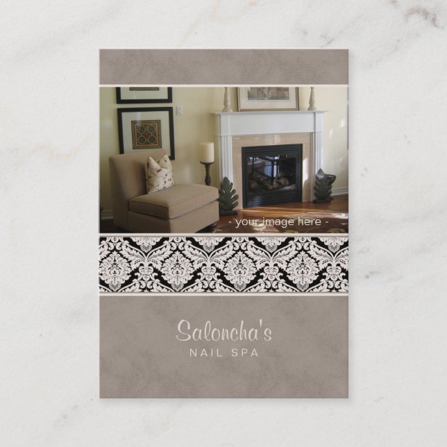 Salon Spa Business Card Damask Template Beige (Front)