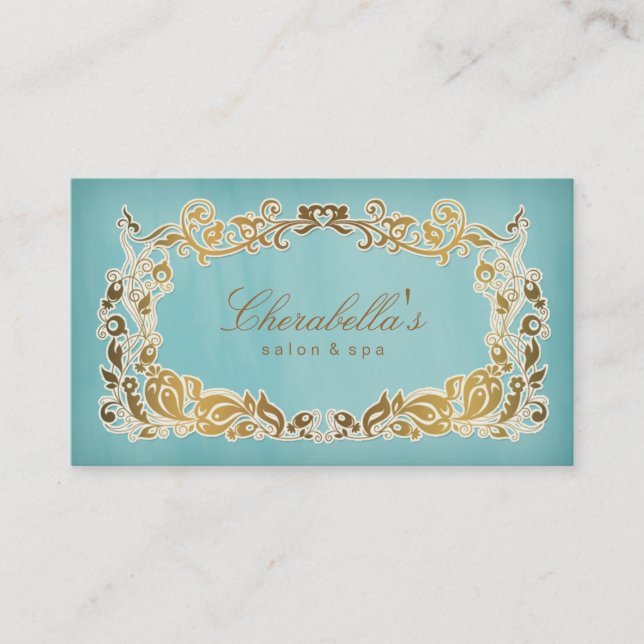 Salon Spa Business Card Floral Blue Gold (Front)