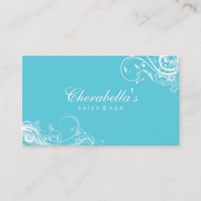 Salon Spa Floral Business Card Swirls Blue (Front)