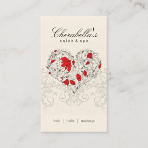 Salon Spa Floral Heart Red Cream Business Card