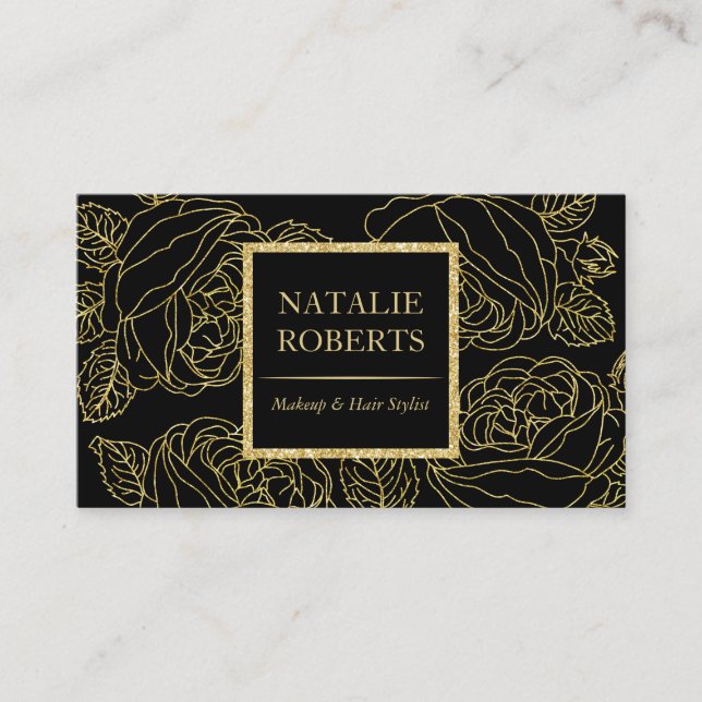 Salon & Spa Modern Black & Gold Floral Line Art Business Card (Front)