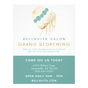 Salon Teal Gold Floral Updo Logo Covid Reopening Flyer