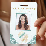 Salon Teal Gold Floral Updo Photo Hair Stylist Badge<br><div class="desc">Teal Gold Floral Updo Salon Photo Hair Stylist Badge. Personalize this custom design with your own name and photo.</div>