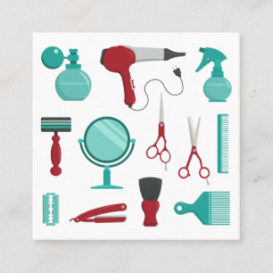 Salon Tool Utensils Hair Barber Teal & Red Square Business Card