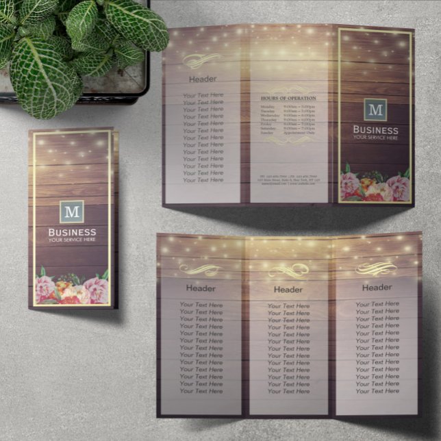 Salon Tri-Fold Brochures Wood Floral String Lights (Creator Uploaded)