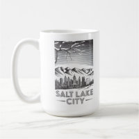 Salt Lake City Skyline Black and White Woodcut 