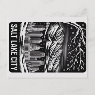 Salt Lake City Skyline Black and White Woodcut Postcard