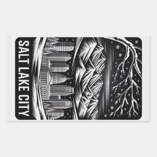 Salt Lake City Skyline Black and White Woodcut Sticker