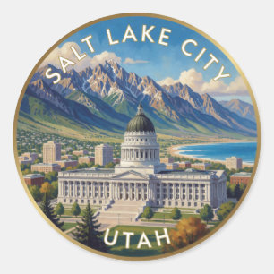 Salt Lake City Utah Mountain Travel Art Classic Round Sticker