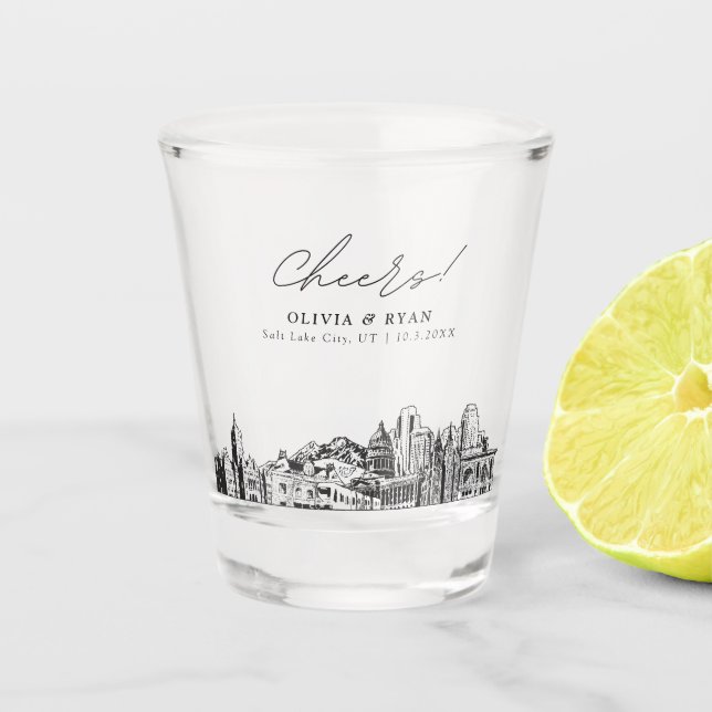 Salt Lake City Wedding Favour Personalized Cheers Shot Glass (Front)