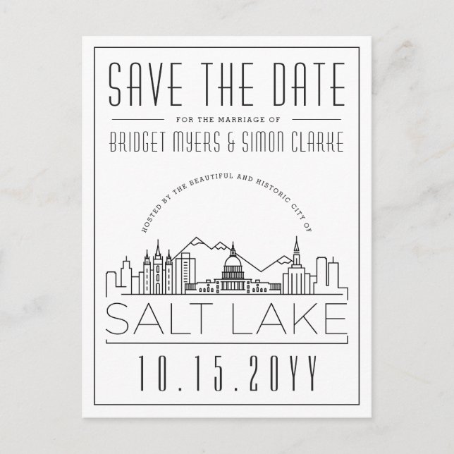 Salt Lake Wedding | Stylized Skyline Save the Date Postcard (Front)