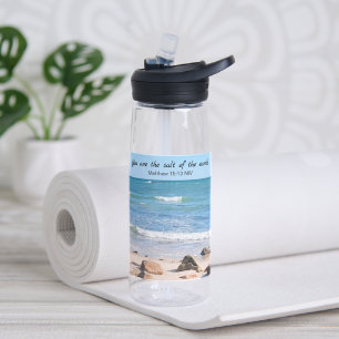 Salt of the Earth Blue Ocean Beach Bible Verse Water Bottle