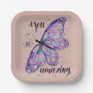 Salt pink butterfly  plain custom paper plates