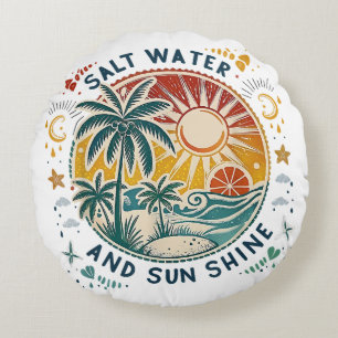 Salt Water and Sun Shine Vintage Tropical Beach Round Pillow