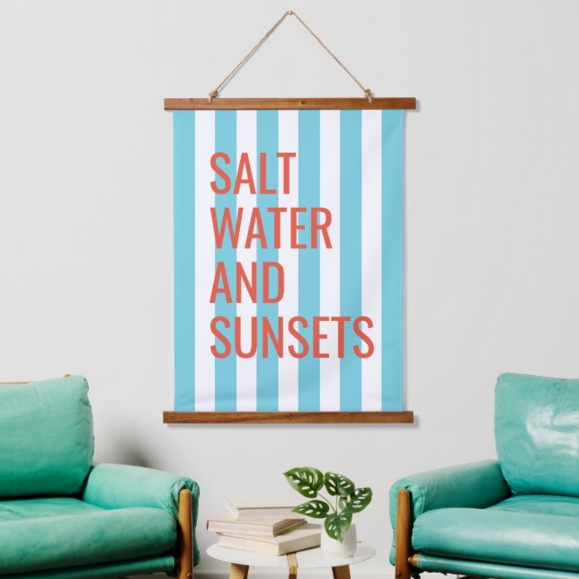 Salt Water And Sunsets Blue Cabana Stripe Hanging Tapestry (Living Room)