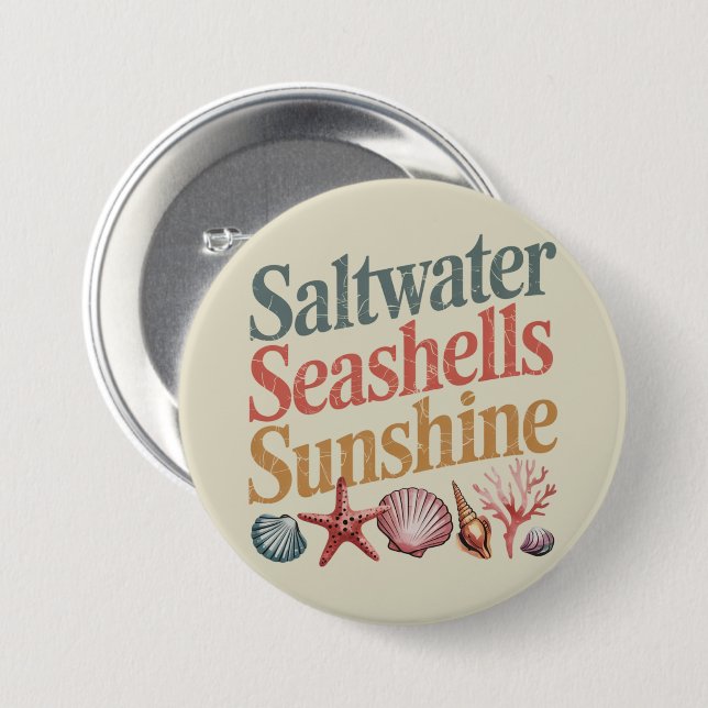 Saltwater Seashells Sunshine Summer Beach Vacation 3 Inch Round Button (Front & Back)
