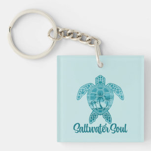 Saltwater Soul Tropical Sea Turtle with Palm Trees Keychain