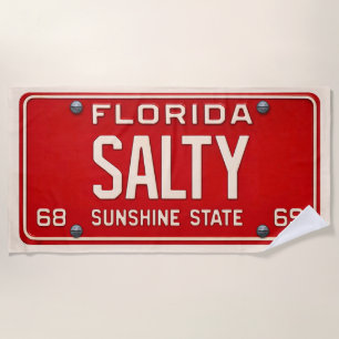 Salty 1969   Red Retro Florida License Plate Surf Beach Towel