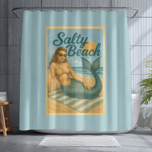 Salty Beach Pin-Up Mermaid Art Retro Coastal Blue